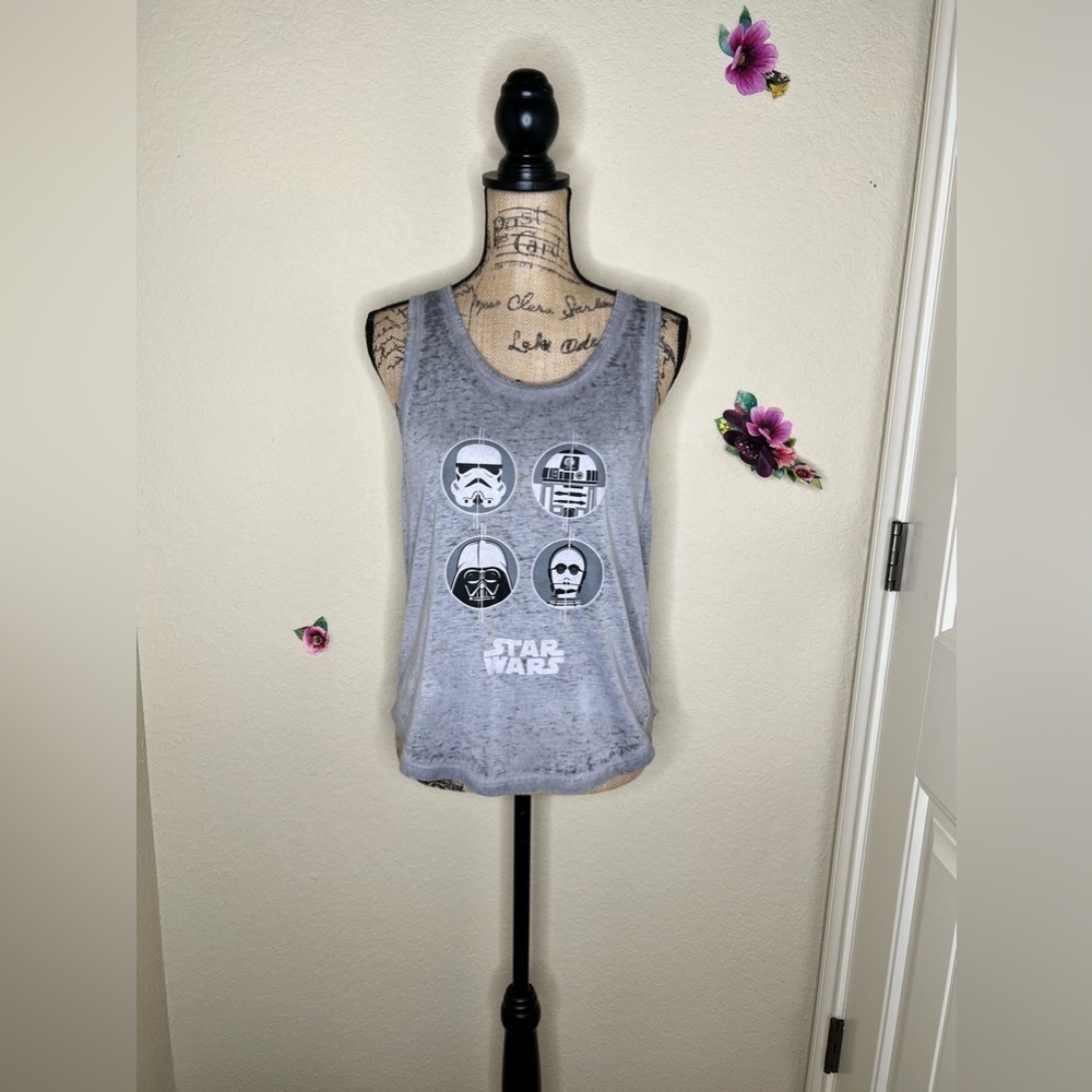 Star Wars Distressed Look Grey Tank Top with Darth Vader, R2-D2, C-3PO Size L - Picture 2 of 13